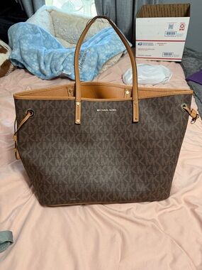 Michael Kors Brown MK Monogram Tote with Tan Trim